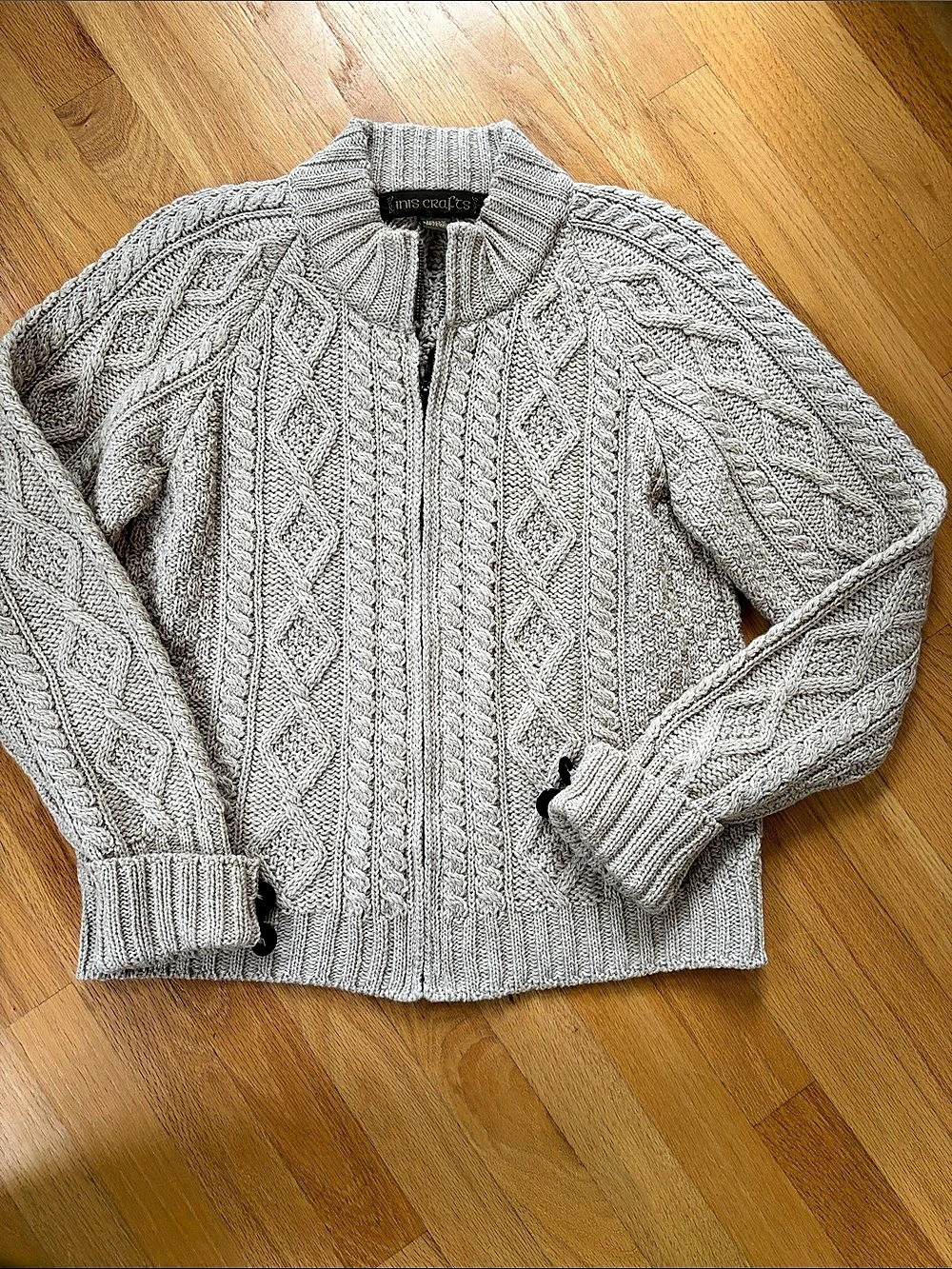 Inis Crafts Irish  Cable Knit Zip Cardigan in oatmeal Size XL